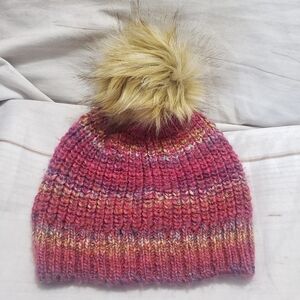 Gymboree Pink Rainbow Knit Pom Pom Beanie Hat 12-24 Month Acrylic Wool Stretch